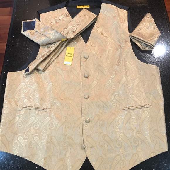 Oliver George Men's 4pc Paisley Design Tuxedo Vest & Ties inGold Floral Jacquard - Picture 5 of 8